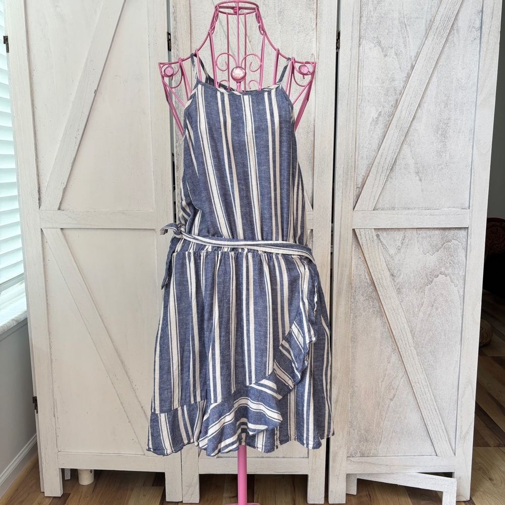 Speechless Striped Ruffle Wrap Dress Women’s Size XXL Blue Cream Linen Blend - Picture 6 of 13